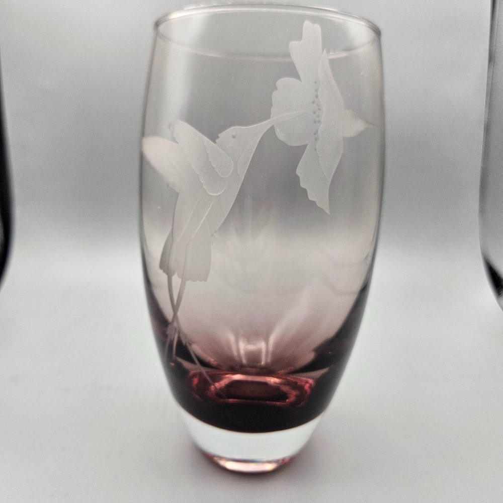 Vintage Caithness Glass Etched hummingbird Amethyst Vase
